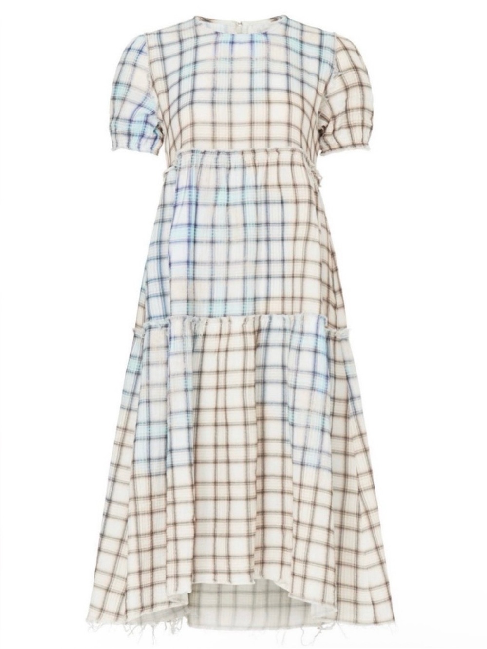 R13 Plaid Tiered Midi Dress in Cream Blue and Brown Shredded Bergdorf Goodman